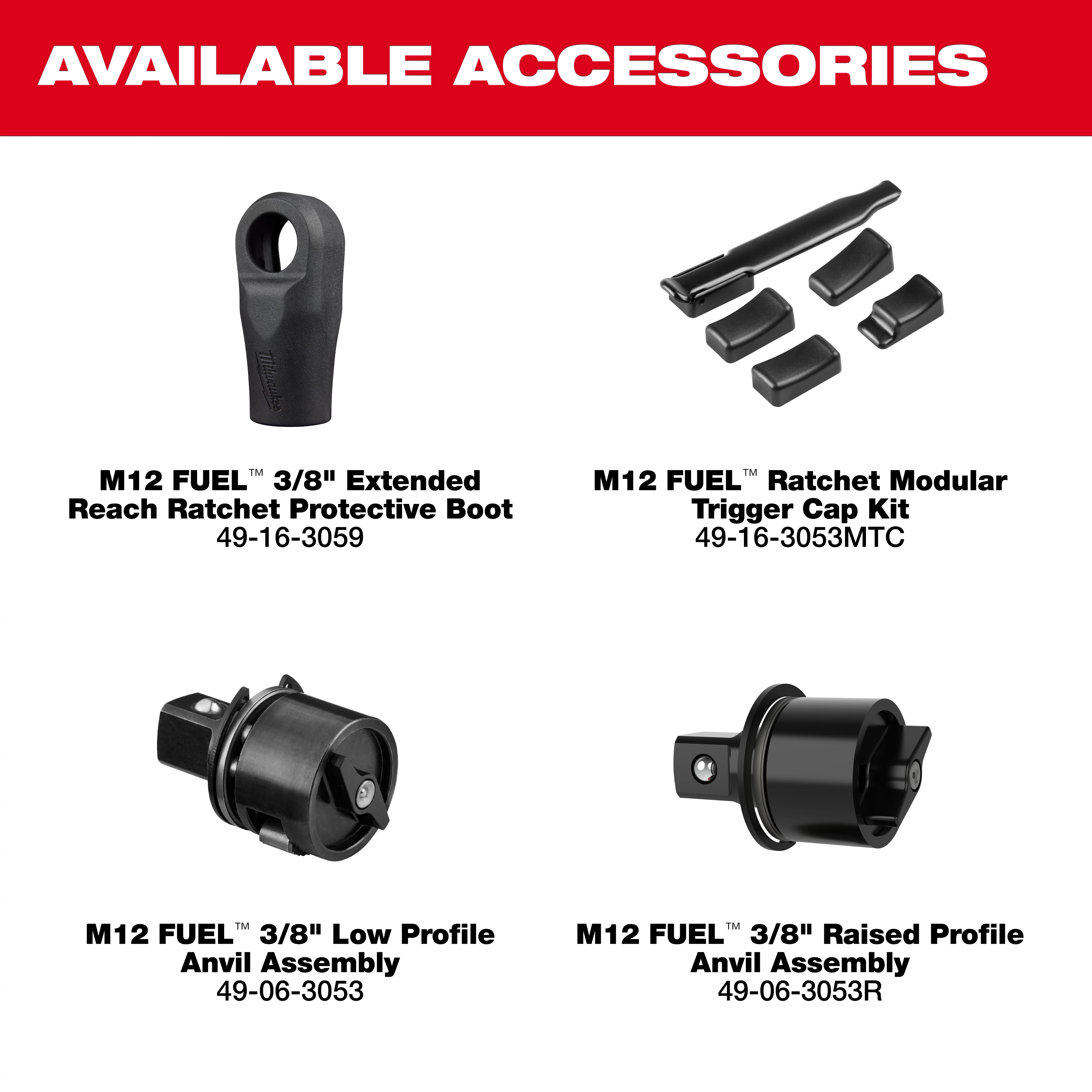 Accessories for the M12 FUEL 3/8" Extended Reach Ratchet and M12 FUEL 3/8" Extended Reach Ratchet Kit displayed.