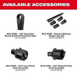 Accessories for the M12 FUEL 3/8" Extended Reach Ratchet and M12 FUEL 3/8" Extended Reach Ratchet Kit displayed.