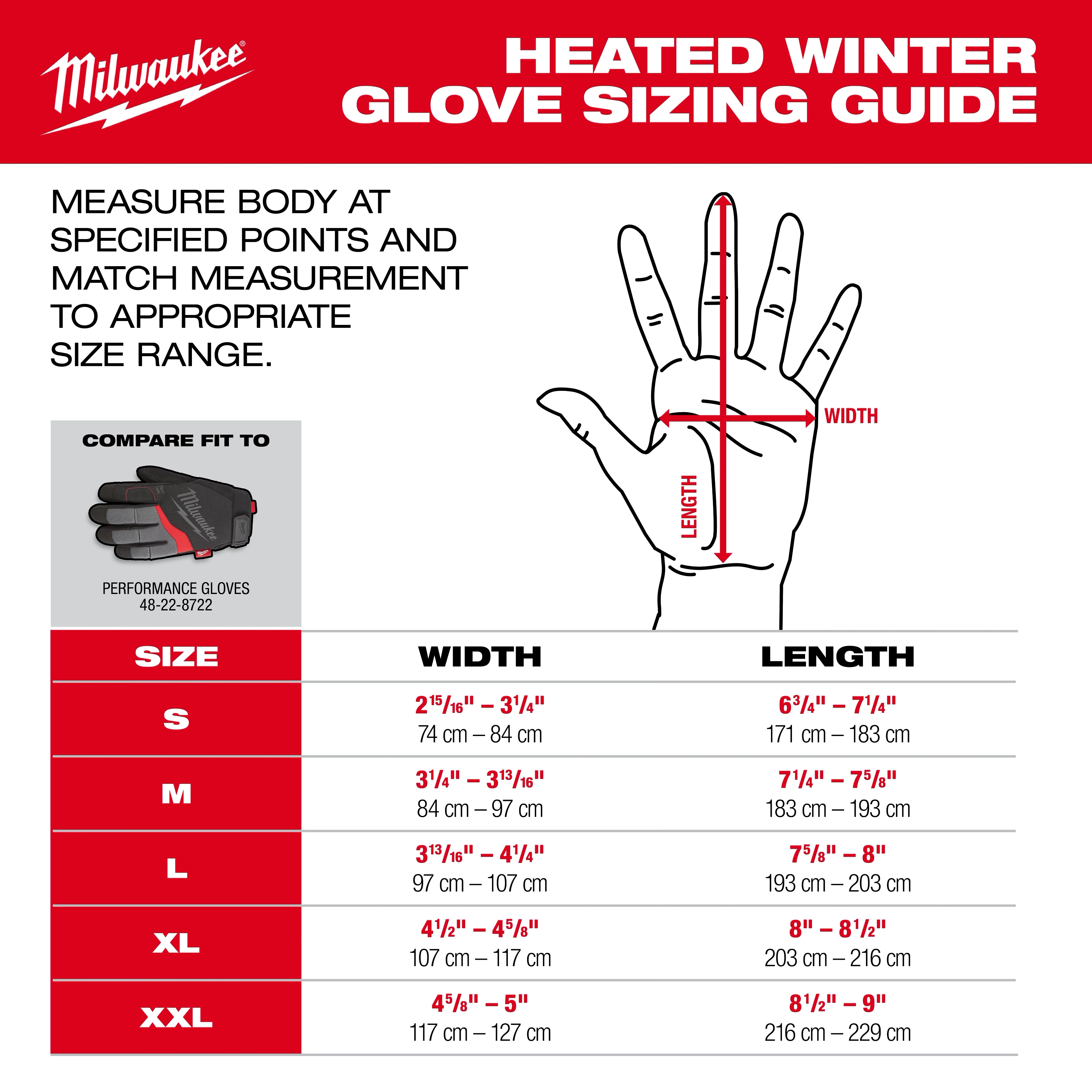 Milwaukee Heated Winter Gloves sizing guide shows how to measure hand width and length with a size chart for Small to XXL.