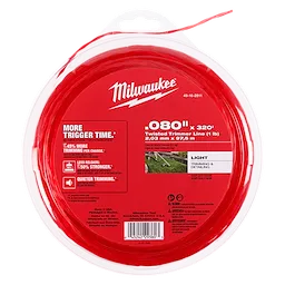 Milwaukee .080" x 320' twisted trimmer line spool in red packaging, labeled for light trimming and detailing.