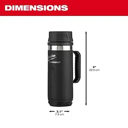 Black PACKOUT 18oz Insulated Mug with Sip Lid, measuring 9 inches tall and 3.1 inches wide.