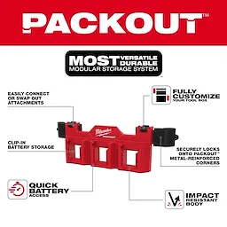 The image showcases the PACKOUT Tool Box M18 Battery Rack Attachment. Features highlighted include easy connection and swapping of attachments, clip-in battery storage, quick battery access, full customization of the toolbox, secure locking onto Packout’s metal-reinforced corners, and an impact-resistant body. Text states it is the most versatile and durable storage system.