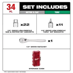 34pc 1/4” Drive Ratchet & Low-Profile Bit Socket Set with sockets, ratchet, and storage case arranged on a labeled layout.