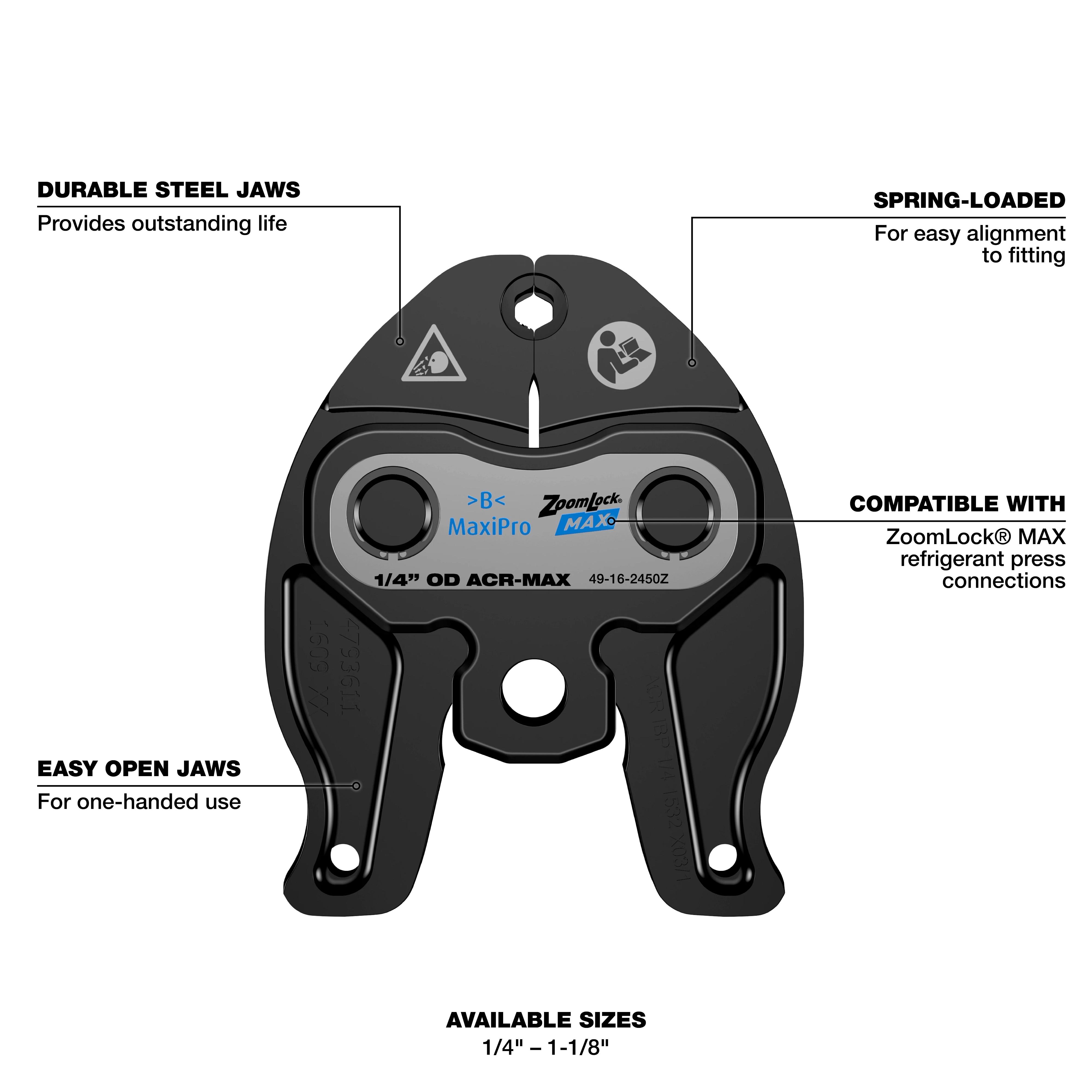ZoomLock MAX Press Jaw for M12 FORCE LOGIC Press Tools with durable steel jaws, spring-loaded mechanism, and easy-open jaws.