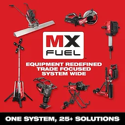 MX FUEL equipment, including various tools, on a red background with the text "EQUIPMENT REDEFINED TRADE FOCUSED SYSTEM WIDE