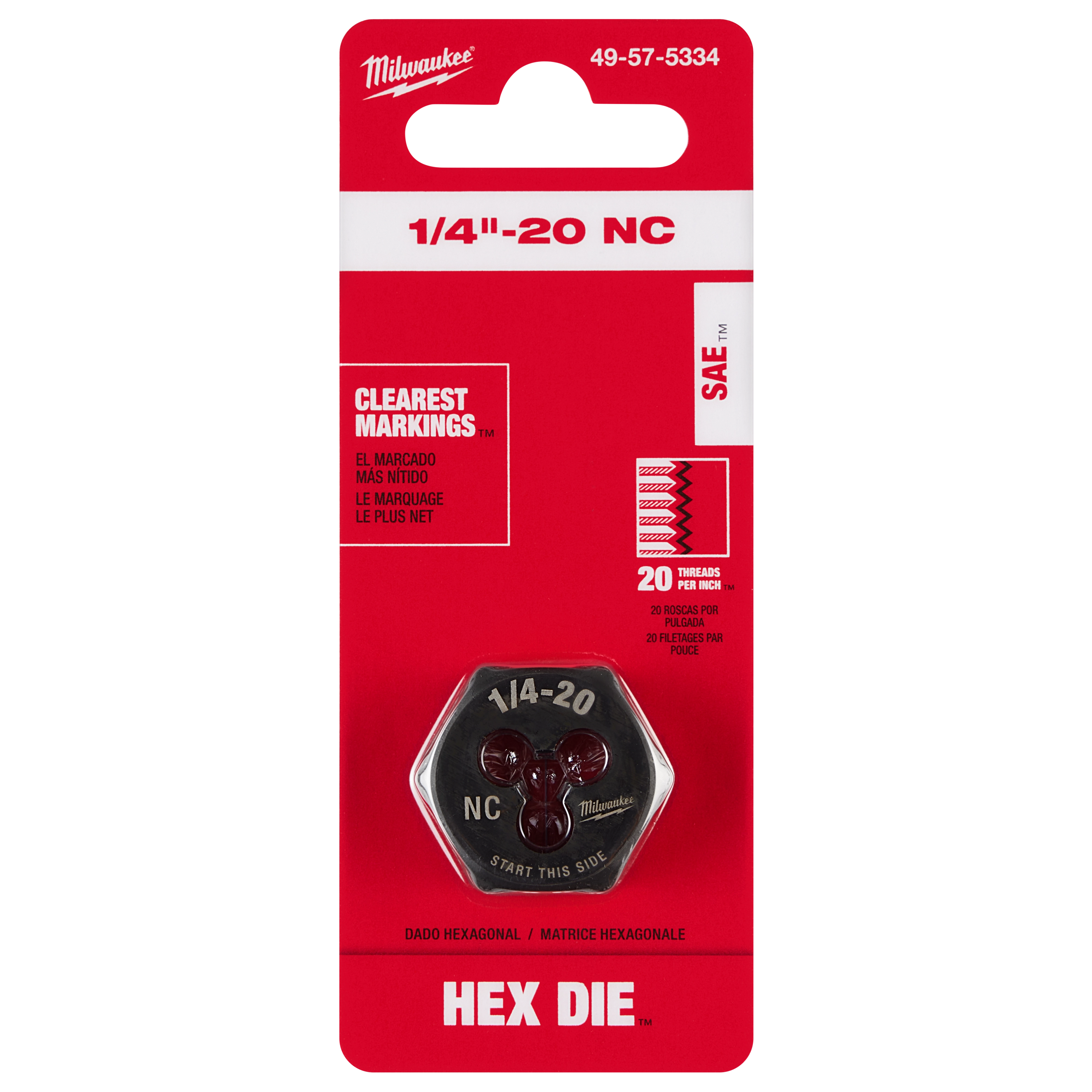 1/4"-20 NC 1-Inch Hex Threading Die in red packaging, featuring clear markings, 20 threads per inch, and SAE compatibility.