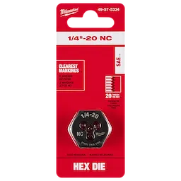 1/4"-20 NC 1-Inch Hex Threading Die in red packaging, featuring clear markings, 20 threads per inch, and SAE compatibility.