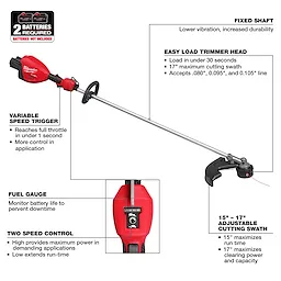 Image of a Milwaukee string trimmer with various features highlighted. It has a fixed shaft for durability, an easy-load trimmer head, a variable-speed trigger, a fuel gauge, two-speed control, and an adjustable 15"-17" cutting swath. It requires two batteries (not included).