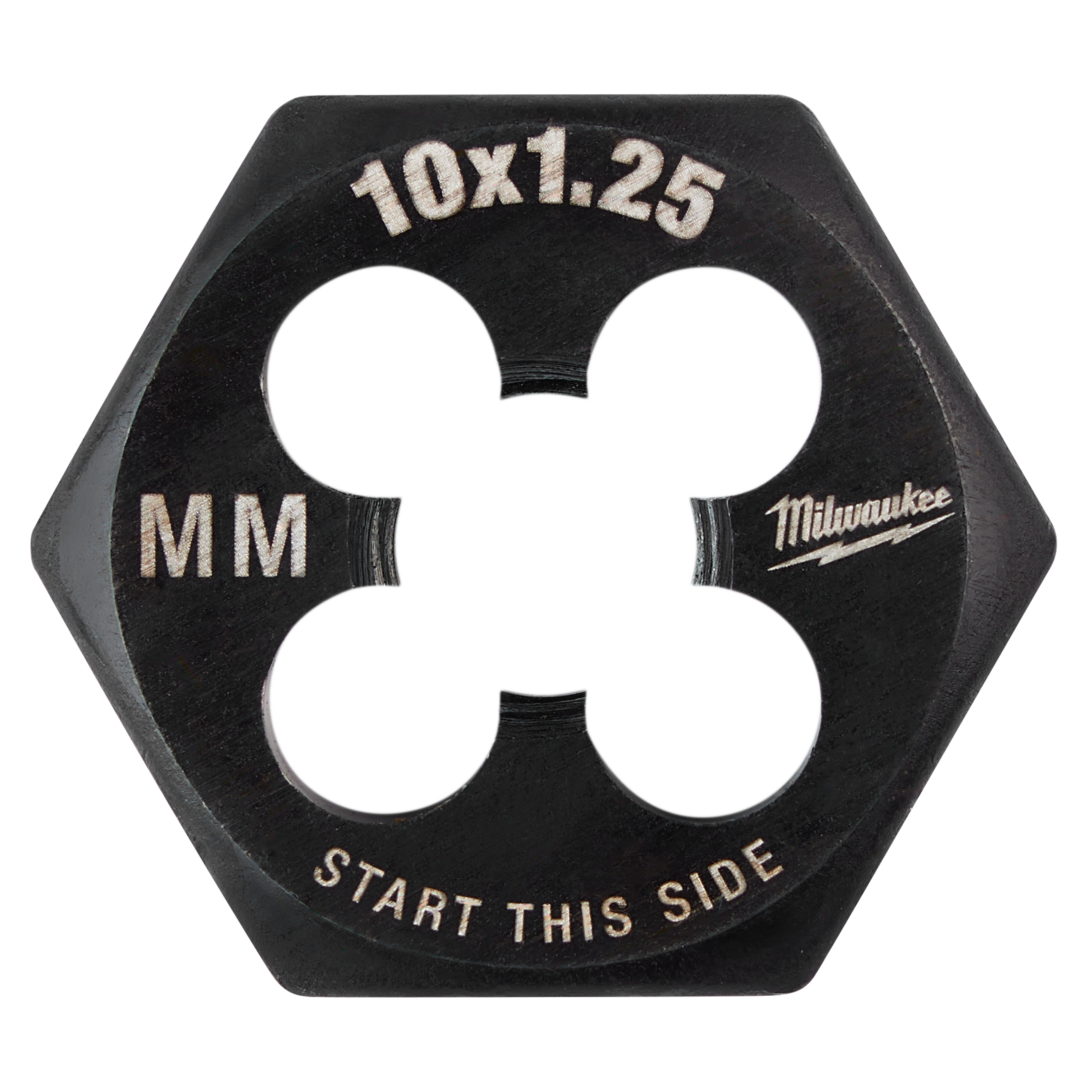 M10-1.25 20mm 1-Inch Hex Threading Die is a hexagonal threading die with "10x1.25," "MM," and "Start This Side" marked on it.