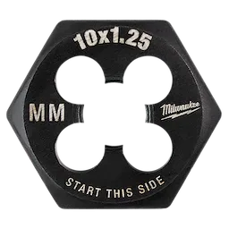 M10-1.25 20mm 1-Inch Hex Threading Die is a hexagonal threading die with "10x1.25," "MM," and "Start This Side" marked on it.