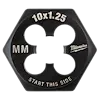 M10-1.25 20mm 1-Inch Hex Threading Die is a hexagonal threading die with "10x1.25," "MM," and "Start This Side" marked on it.