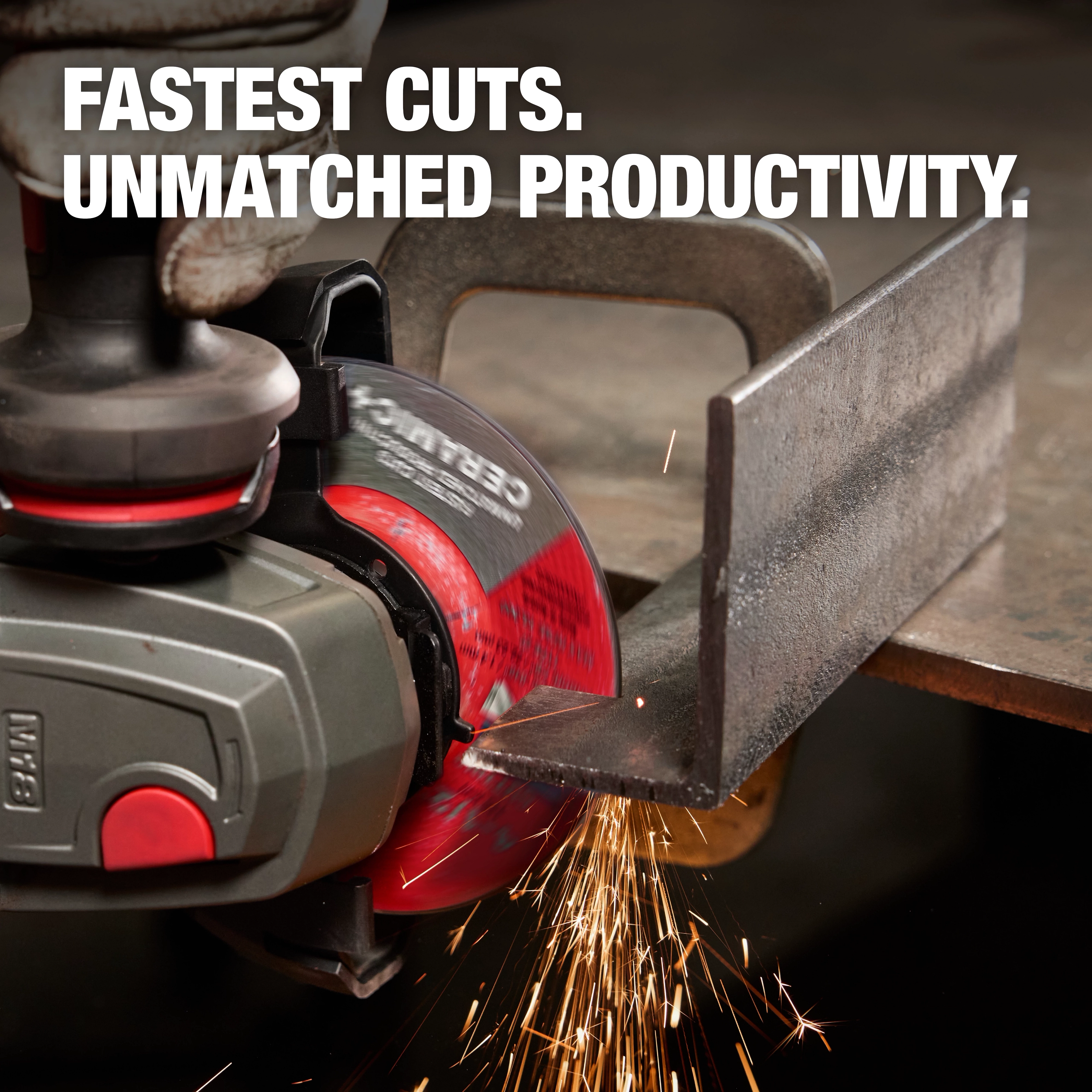 Bonded Abrasives Cutting disc in use with a power tool, cutting through metal and sparking. Text reads "Fastest Cuts. Unmatched Productivity."