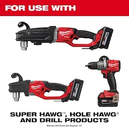 Three Milwaukee power tools are displayed: the Super Hawg, Hole Hawg, and a cordless drill. The image states "FOR USE WITH" at the top and "SUPER HAWG, HOLE HAWG AND DRILL PRODUCTS" at the bottom. Required minimum drill chuck size is 1/2".