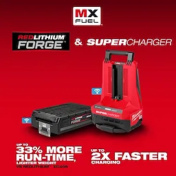 MX FUEL REDLITHIUM FORGE XC8.0 Battery Pack and Super Charger provide up to 33% more run-time and charge up to 2x faster.