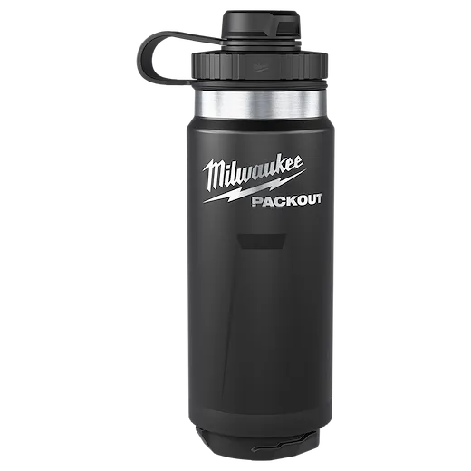 PACKOUT 24oz Insulated Bottle with Tether Lid standing upright with a screw-on cap and carry loop.