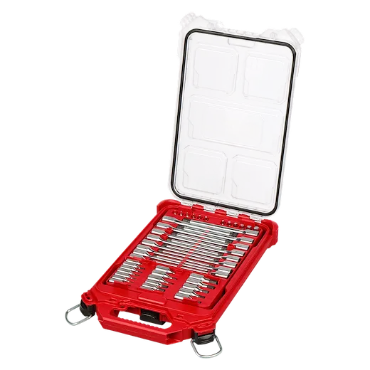 46pc 1/4” and 3/8” Drive SAE Bit Socket Set with PACKOUT Compact Low-Profile Organizer open with arranged bits.