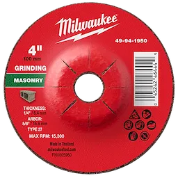 4" x 1/4" x 5/8" Masonry Grinding Wheel - Type 27 with center hole, showing specifications and safety icons, made in Thailand.