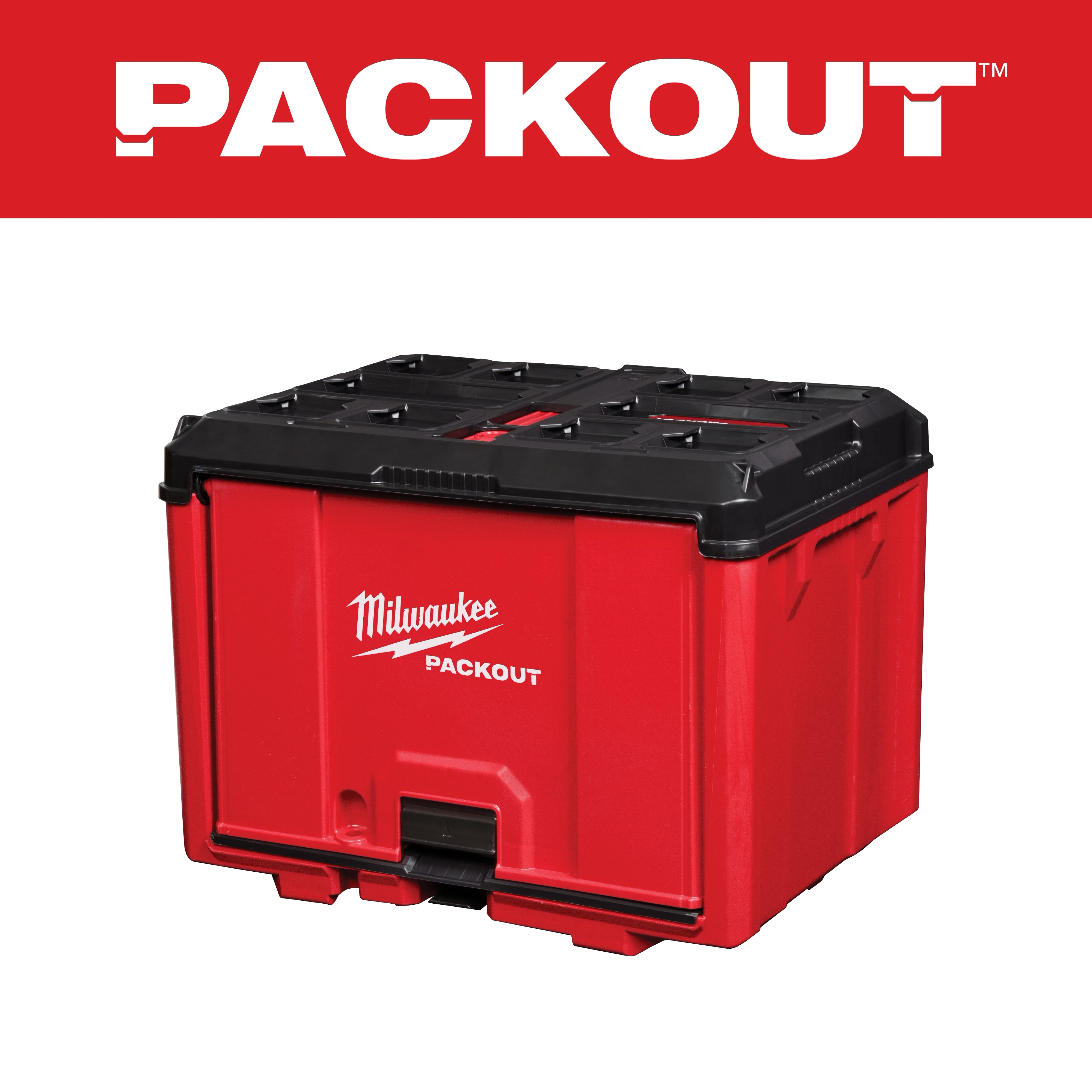 Milwaukee Packout red toolbox with a black lid, featuring a robust design and labeled with the brand's logo and product name.