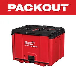 Milwaukee Packout red toolbox with a black lid, featuring a robust design and labeled with the brand's logo and product name.
