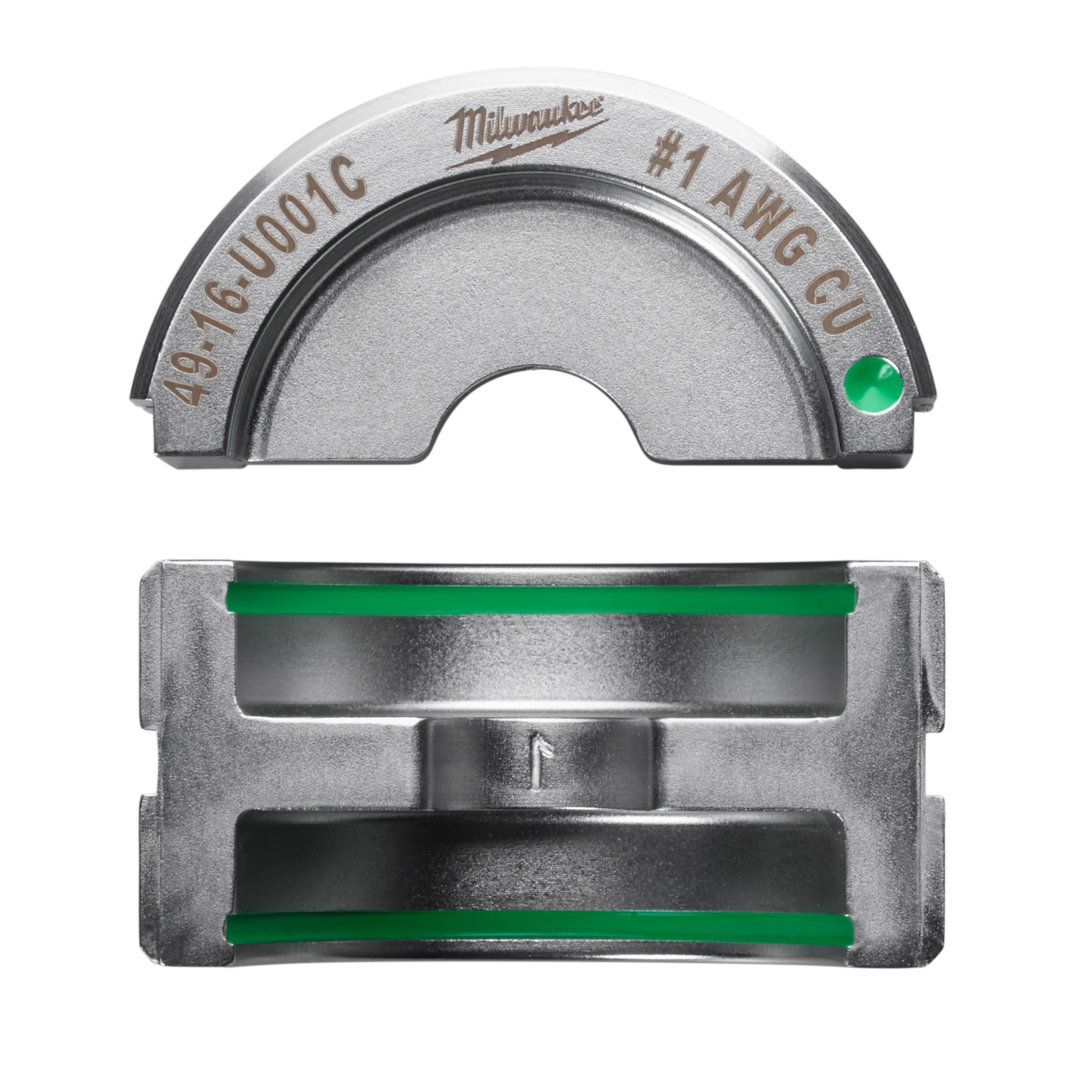 The %231 Copper U Style Die is a metallic tool accessory designed for crimping. It features a curved upper piece engraved with "49-16-U001C" and "#1 AWG CU", and a rectangular lower piece with green accents. Both pieces are silver in color.