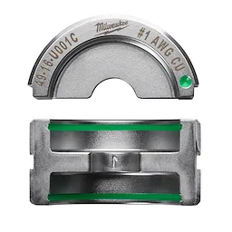 The %231 Copper U Style Die is a metallic tool accessory designed for crimping. It features a curved upper piece engraved with "49-16-U001C" and "#1 AWG CU", and a rectangular lower piece with green accents. Both pieces are silver in color.