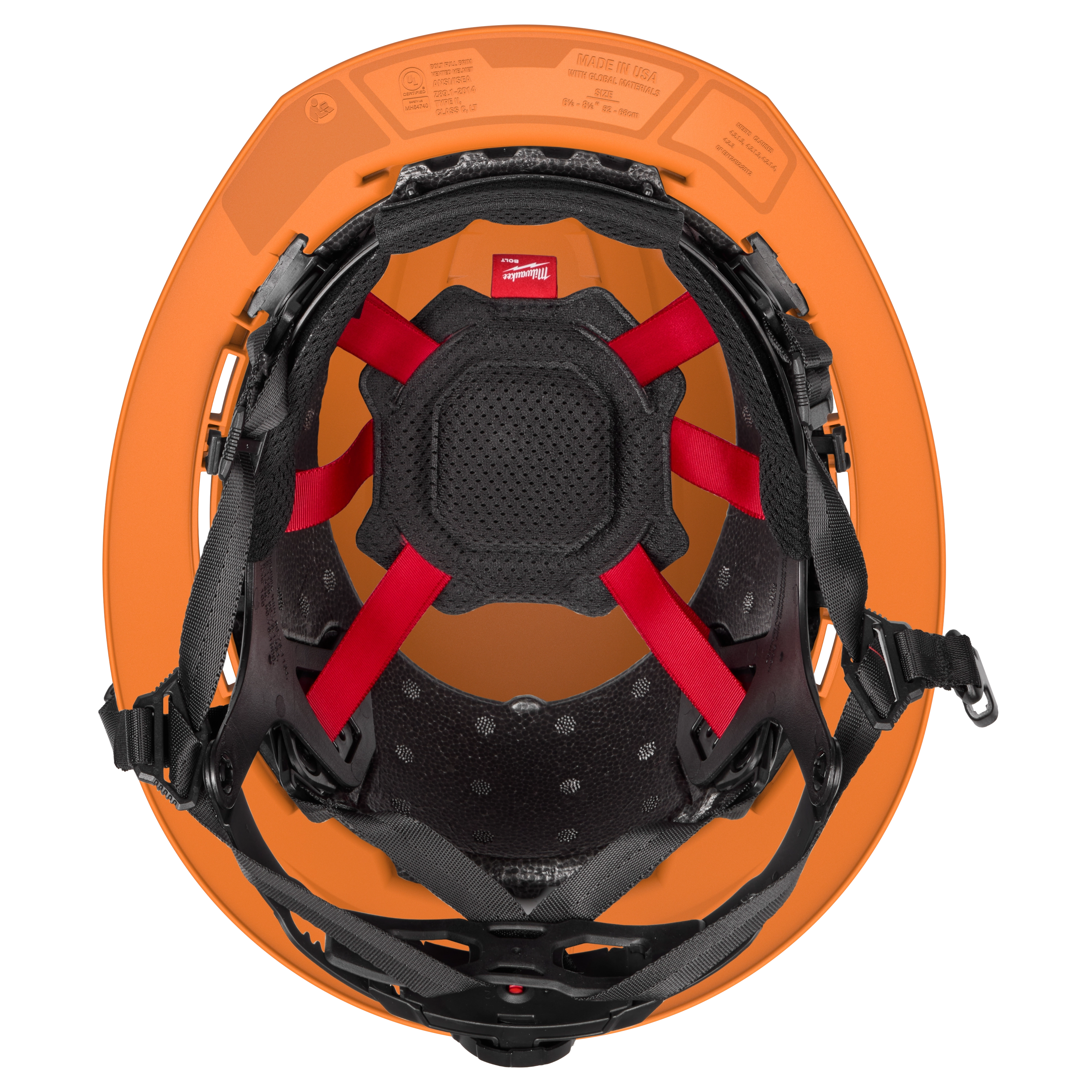 BOLT™ Orange Full Brim Vented Safety Helmet – Type 2, Class C. The image shows the inside view of the helmet, displaying red straps and black padding for head protection and comfort. The helmet interior also has multiple vent holes for air circulation.