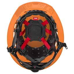 BOLT™ Orange Full Brim Vented Safety Helmet – Type 2, Class C. The image shows the inside view of the helmet, displaying red straps and black padding for head protection and comfort. The helmet interior also has multiple vent holes for air circulation.