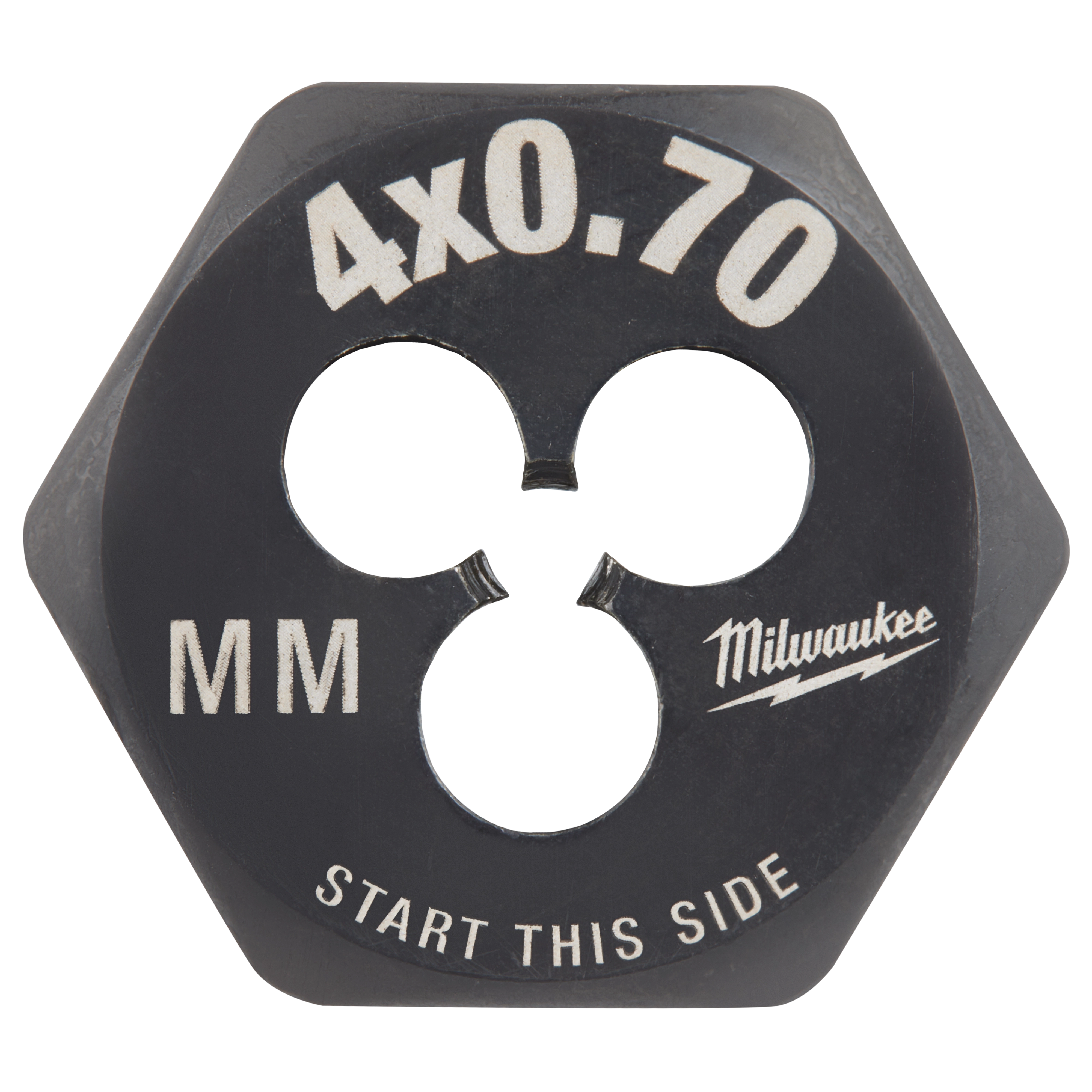 M4-0.70%20mm%201-Inch%20Hex%20Die in black, with "4x0.70," "MM," and "Start This Side" markings; hexagonal shape with three openings.