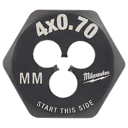 M4-0.70%20mm%201-Inch%20Hex%20Die in black, with "4x0.70," "MM," and "Start This Side" markings; hexagonal shape with three openings.