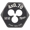 M4-0.70%20mm%201-Inch%20Hex%20Die in black, with "4x0.70," "MM," and "Start This Side" markings; hexagonal shape with three openings.