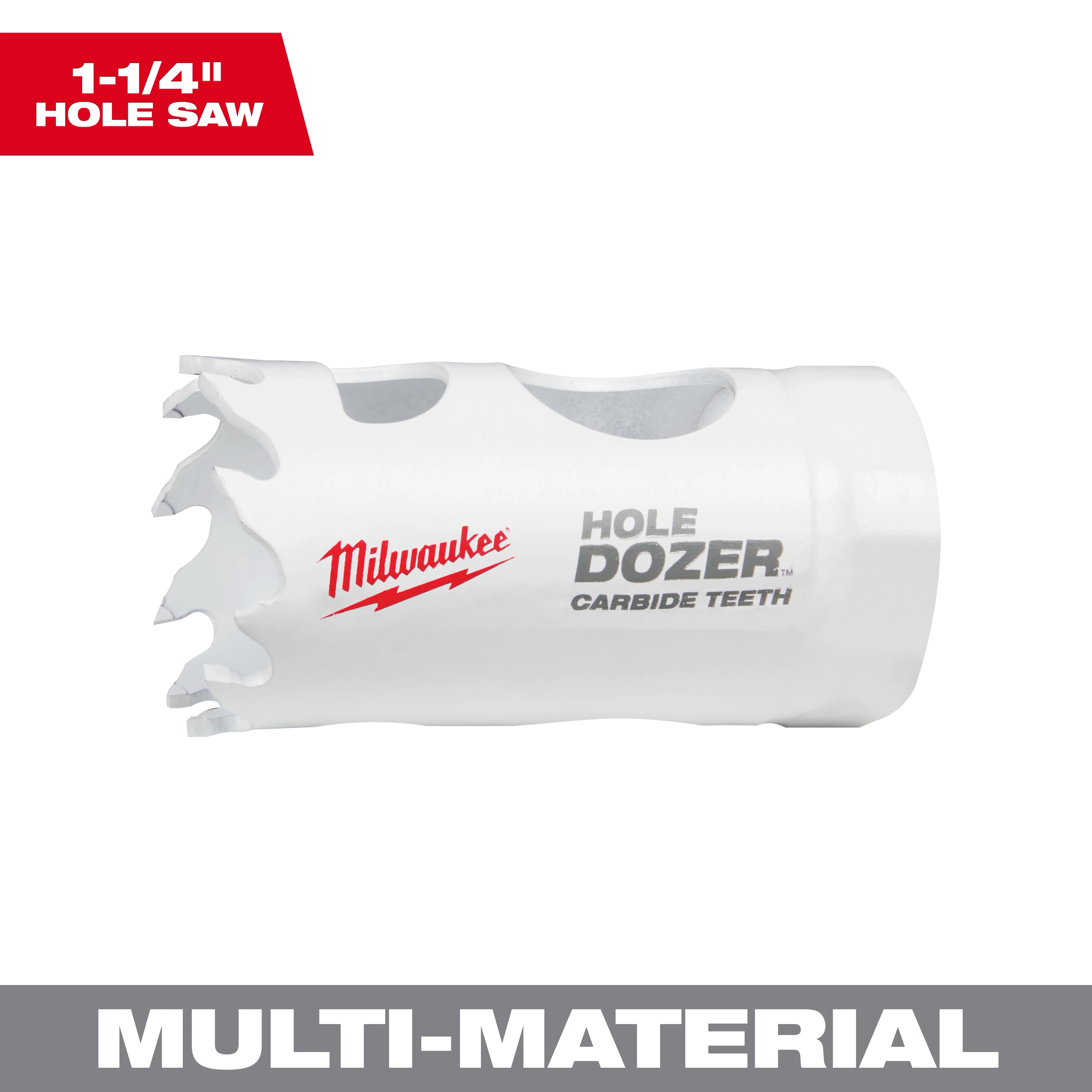 1-1/4" HOLE DOZER with Carbide Teeth Hole Saw, designed for cutting through multi-material surfaces, shown in white.