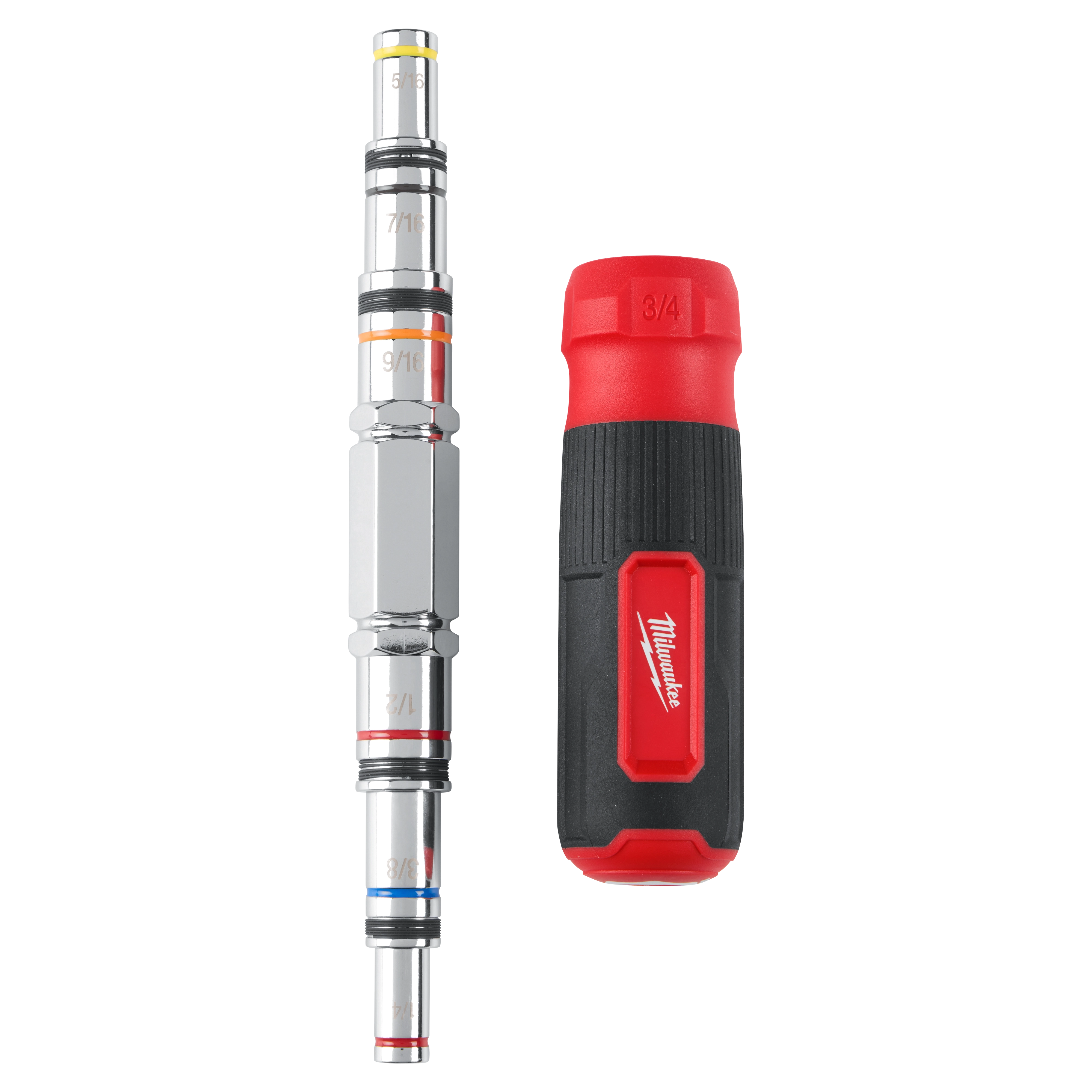 7-IN-1 Hollowcore Multi-Nut Driver with a black and red handle beside a segmented, multi-sized, silver-colored driver.