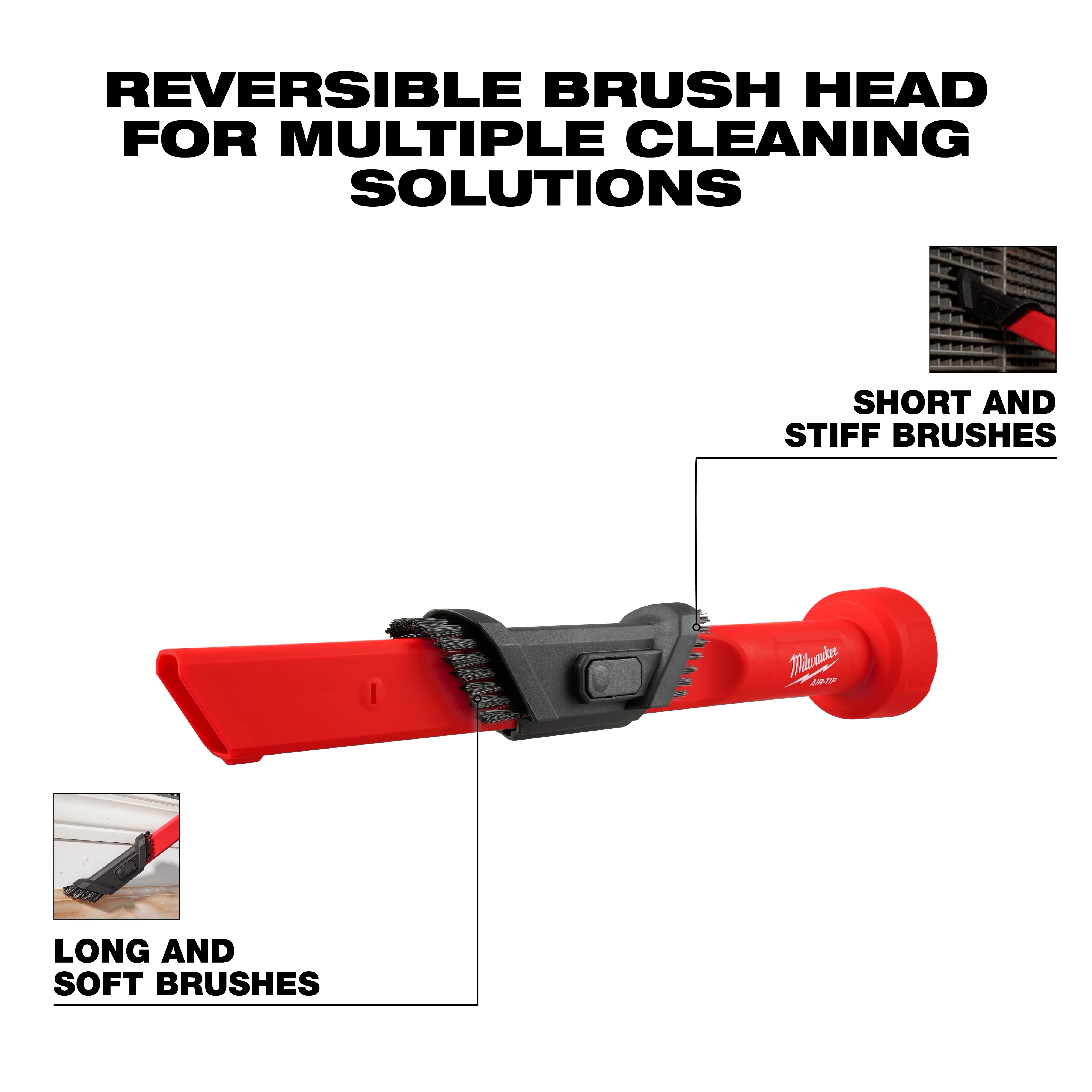 The image shows an AIR-TIP™ 3-in-1 Crevice and Brush Tool. It features a red handle with interchangeable heads: a crevice nozzle, long soft brushes, and short stiff brushes. The text highlights its reversible brush head for multiple cleaning solutions.