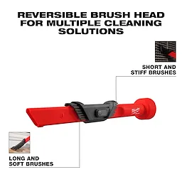 The image shows an AIR-TIP™ 3-in-1 Crevice and Brush Tool. It features a red handle with interchangeable heads: a crevice nozzle, long soft brushes, and short stiff brushes. The text highlights its reversible brush head for multiple cleaning solutions.