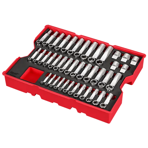A 77PC 1/4", 3/8", & 1/2" Drive Metric Socket Set with Tray for PACKOUT™ Drawers. The set includes various socket sizes neatly arranged in a red tray with black foam inserts.