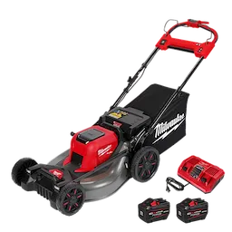 A red and gray Milwaukee cordless electric lawn mower is shown with a grass collection bag attached at the rear. The set includes two M18 REDLITHIUM HD12.0 battery packs and a dual-bay rapid charger. The mower has a sturdy build with red and black handlebars.