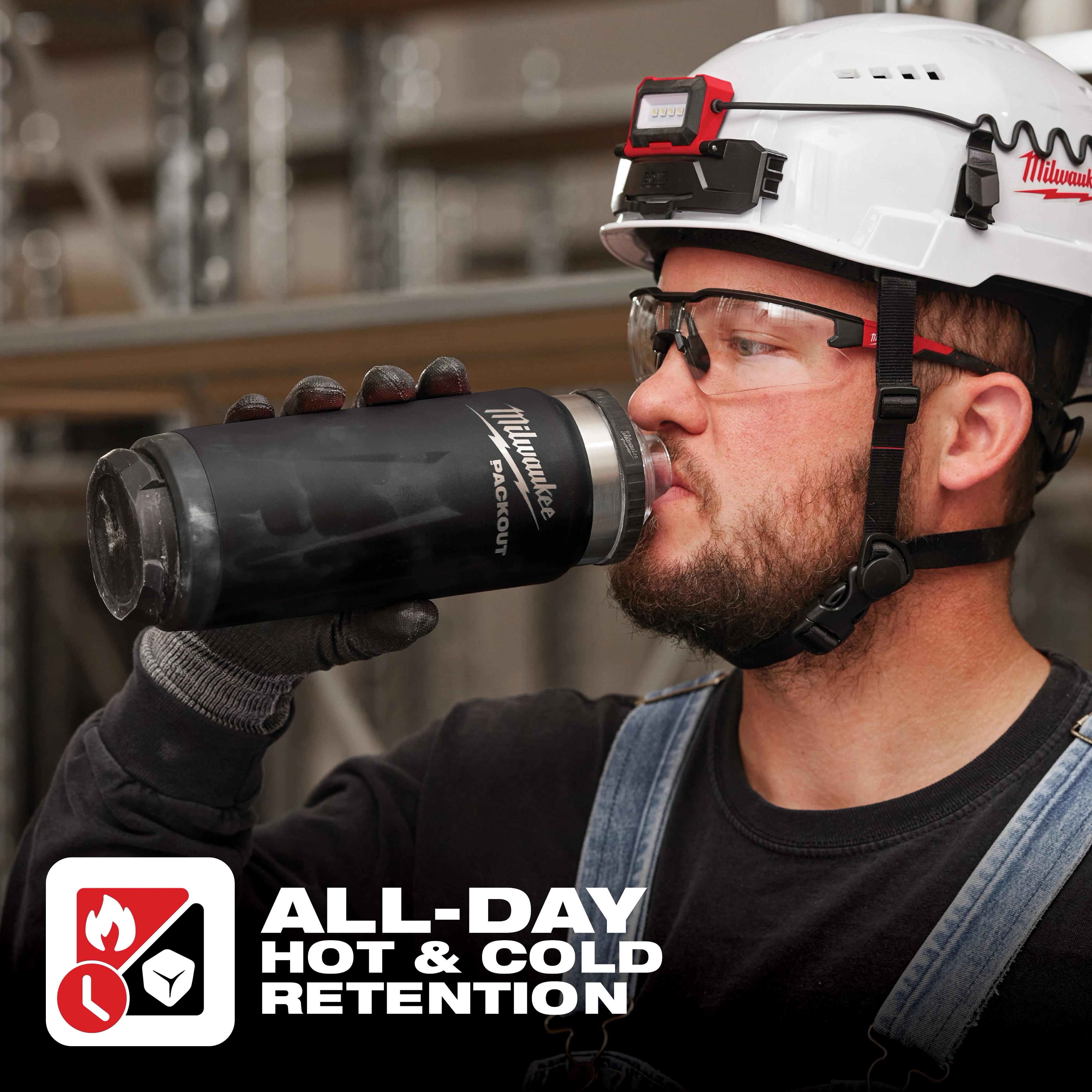 A person holds a PACKOUT 24oz Insulated Bottle with Chug Lid. The image features "All-Day hot & cold retention" text.