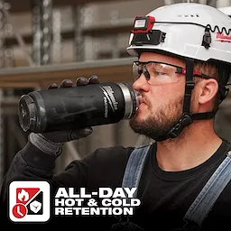 A person holds a PACKOUT 24oz Insulated Bottle with Chug Lid. The image features "All-Day hot & cold retention" text.