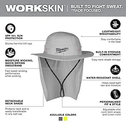WORKSKIN Sunshade Hat - Gray features UPF 50+ sun protection, moisture-wicking sweatband, detachable neck shade, and lightweight, breathable material.