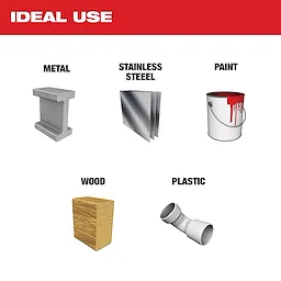 The 10PC 2" Quick Change Disc Kit, 50 GRIT SANDING DISC image shows ideal use categories including metal, stainless steel, paint, wood, and plastic, represented by corresponding drawings of a metal beam, steel sheets, a paint can, a block of wood, and a plastic pipe.