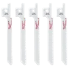 Five 3-5/8" 18 TPI SAWZALL® blades for metal scroll, made by Milwaukee, arranged vertically. Each blade is silver with the Milwaukee logo and "5163 Metal" printed in red and black. The blades have a toothed edge and a hole at the top for attachment. Pack includes 5 pieces.