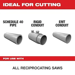 Product image advertises that For%20Use%20With is ideal for cutting Schedule 40 pipe, rigid conduit, and EMT conduit. The product is compatible with all reciprocating saws.