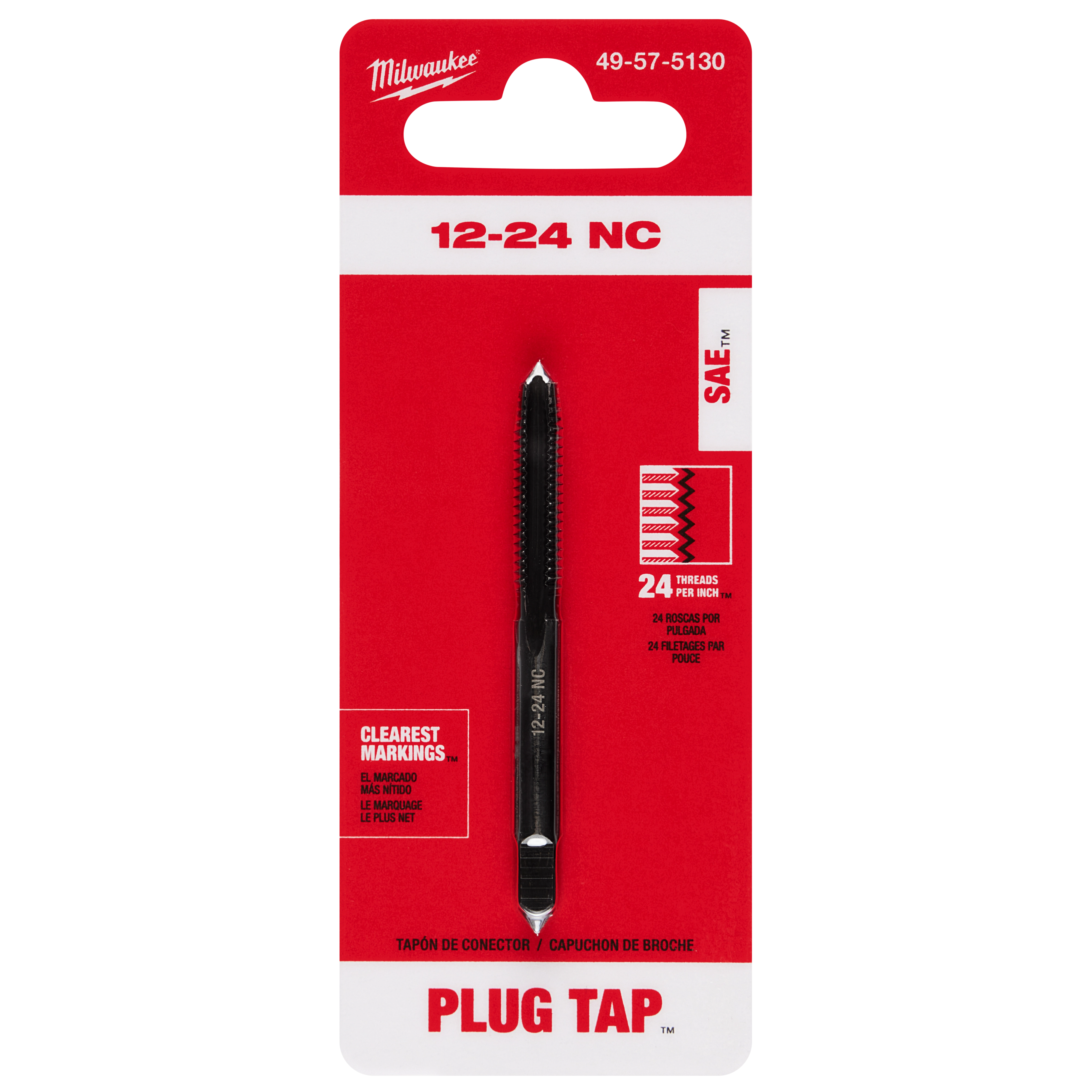 The image shows a 12-24 NC Straight Flute Plug Tap in black, packaged on a red and white card with product details.