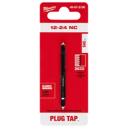 The image shows a 12-24 NC Straight Flute Plug Tap in black, packaged on a red and white card with product details.