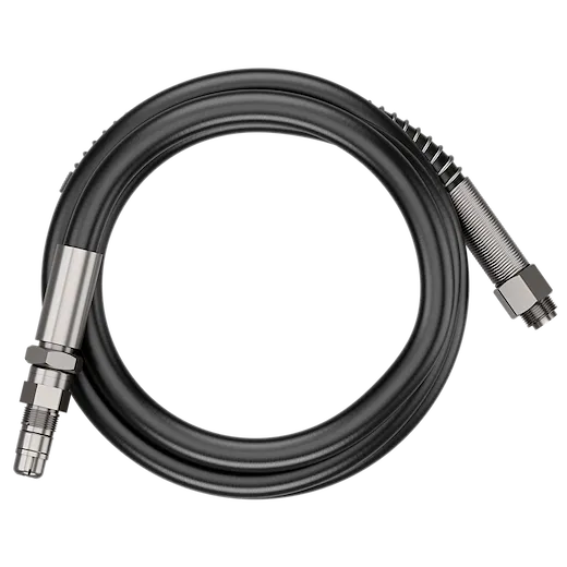 Replacement Hose with Swivel and Coupler coiled with metal fittings on both ends against a plain background.