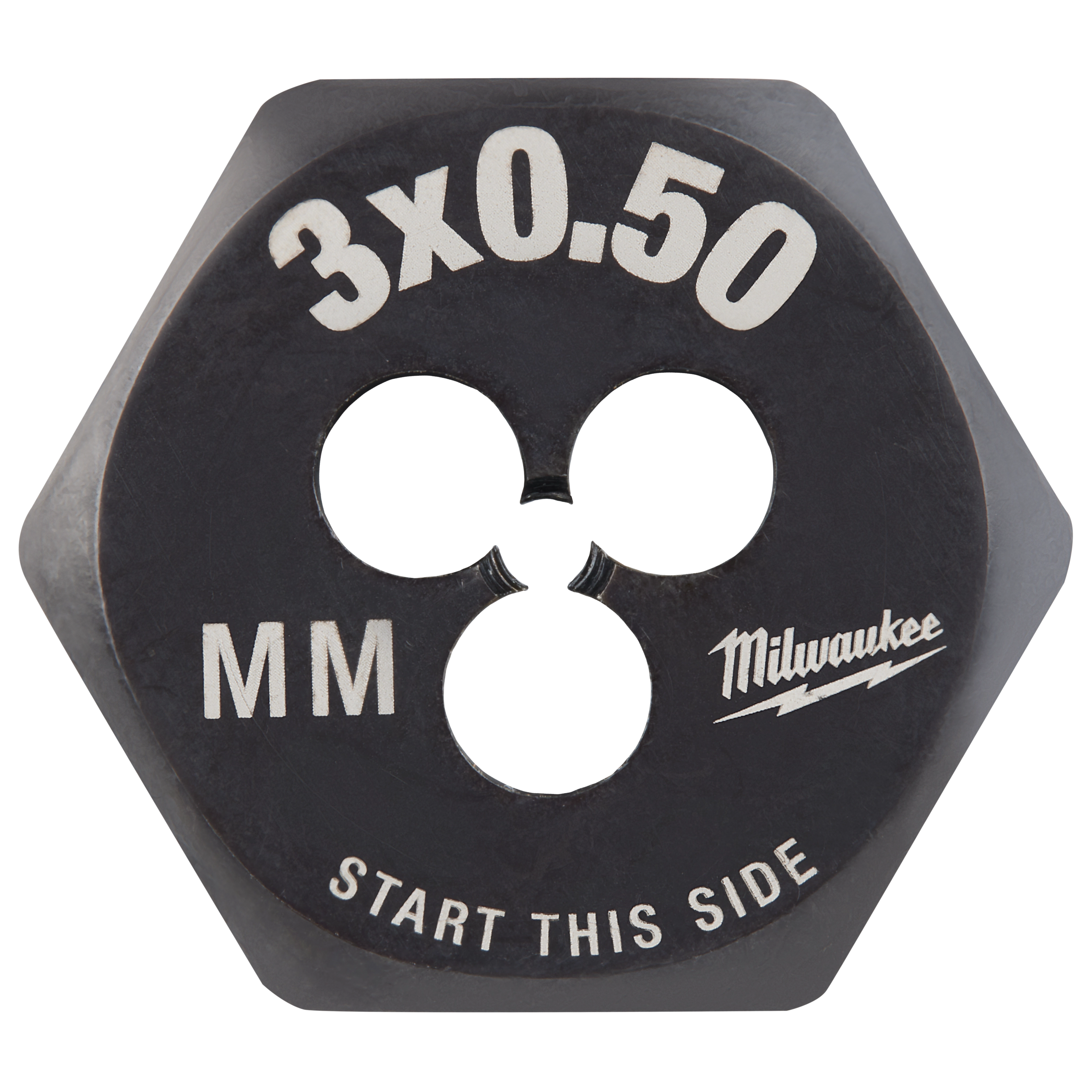 M3-0.50 20mm 1-Inch Hex Die, black metal die with “3x0.50” and “MM” inscribed in white, used for threading.
