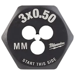 M3-0.50 20mm 1-Inch Hex Die, black metal die with “3x0.50” and “MM” inscribed in white, used for threading.