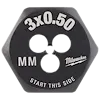 M3-0.50 20mm 1-Inch Hex Die, black metal die with “3x0.50” and “MM” inscribed in white, used for threading.