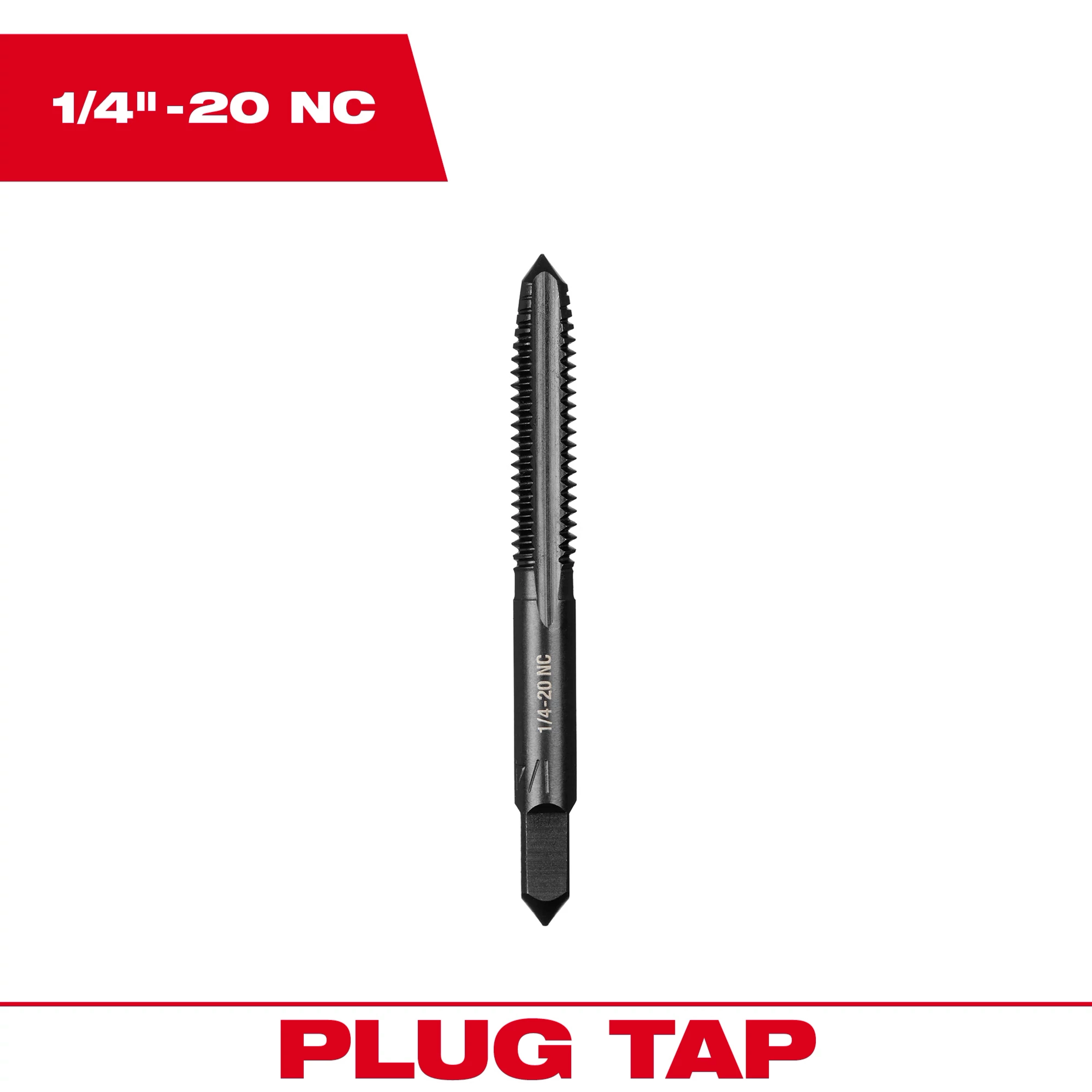 The image features a 1/4"-20 NC Straight Flute Plug Tap, designed for cutting threads into holes.