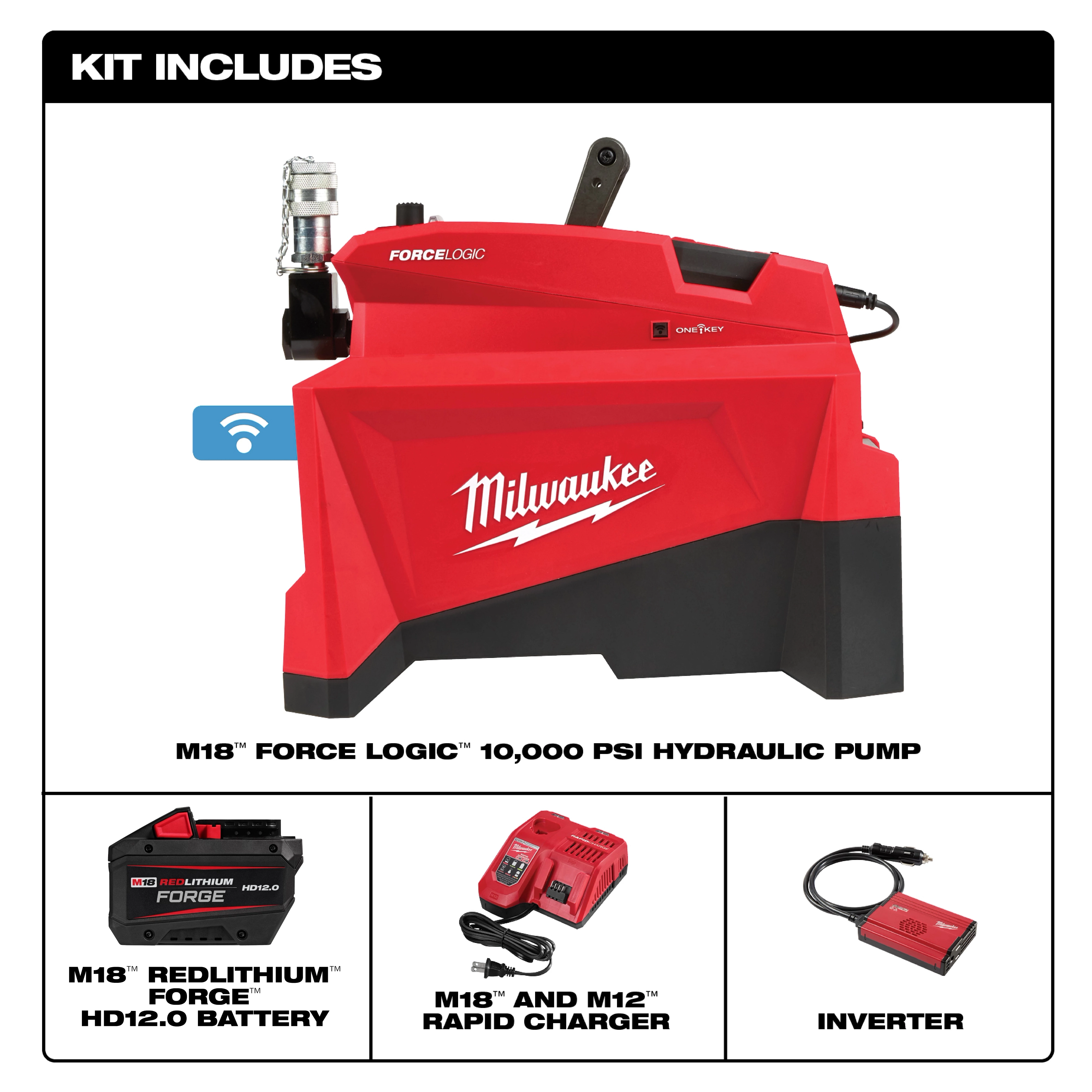 The image shows the M18™ FORCE LOGIC™ 10,000 PSI Hydraulic Pump kit, which includes the hydraulic pump, M18™ REDLITHIUM™ FORGE™ HD12.0 battery, M18™ and M12™ rapid charger, and an inverter. The pump is red with Milwaukee branding and FORCE LOGIC™ labeling.
